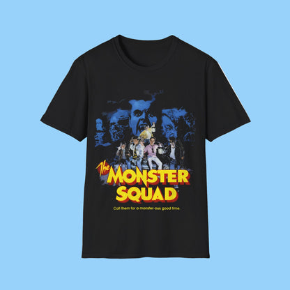 Black t-shirt with 'The Monster Squad' graphic design on a white background
