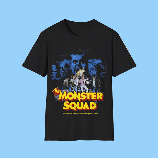 Black t-shirt with 'The Monster Squad' graphic design on a white background