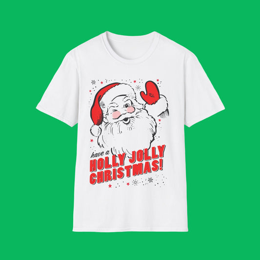 White t-shirt with Santa Claus graphic and 'Have a Holly Jolly Christmas!' text on a white background