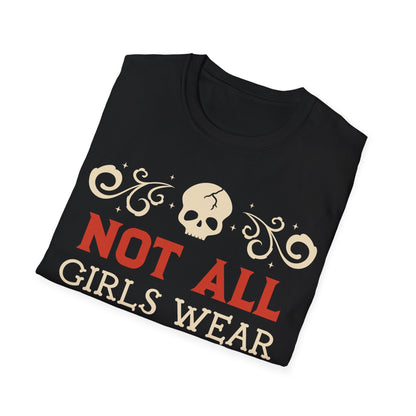Black t-shirt with skull design and text on a white background