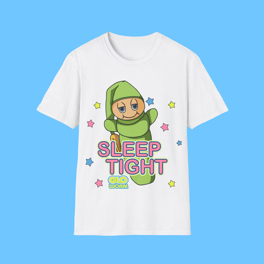 White t-shirt with a green character and 'Sleep Tight Glo Worm' text on a white background
