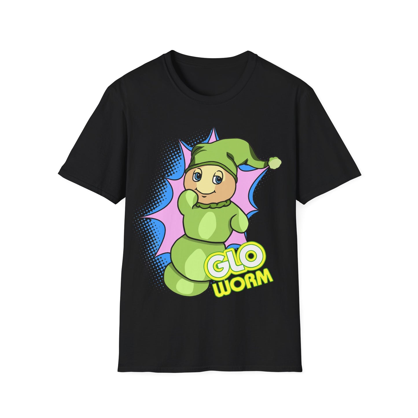 Black t-shirt with a green glo-worm graphic and text on a white background
