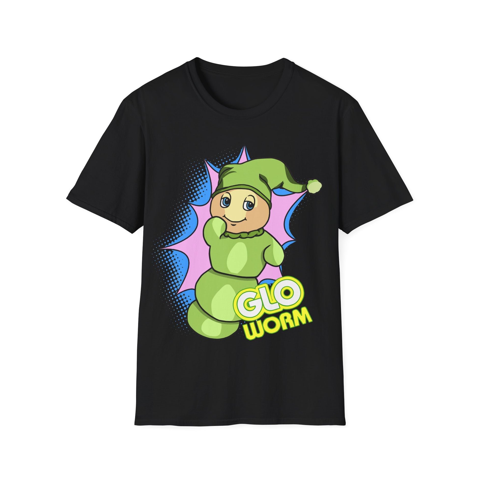 Black t-shirt with a green glo-worm graphic and text on a white background
