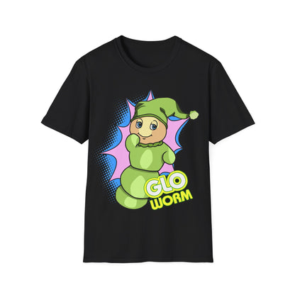 Black t-shirt with a green glo-worm graphic and text on a white background
