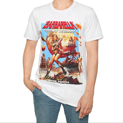 Person wearing a white t-shirt with a graphic design on a white background