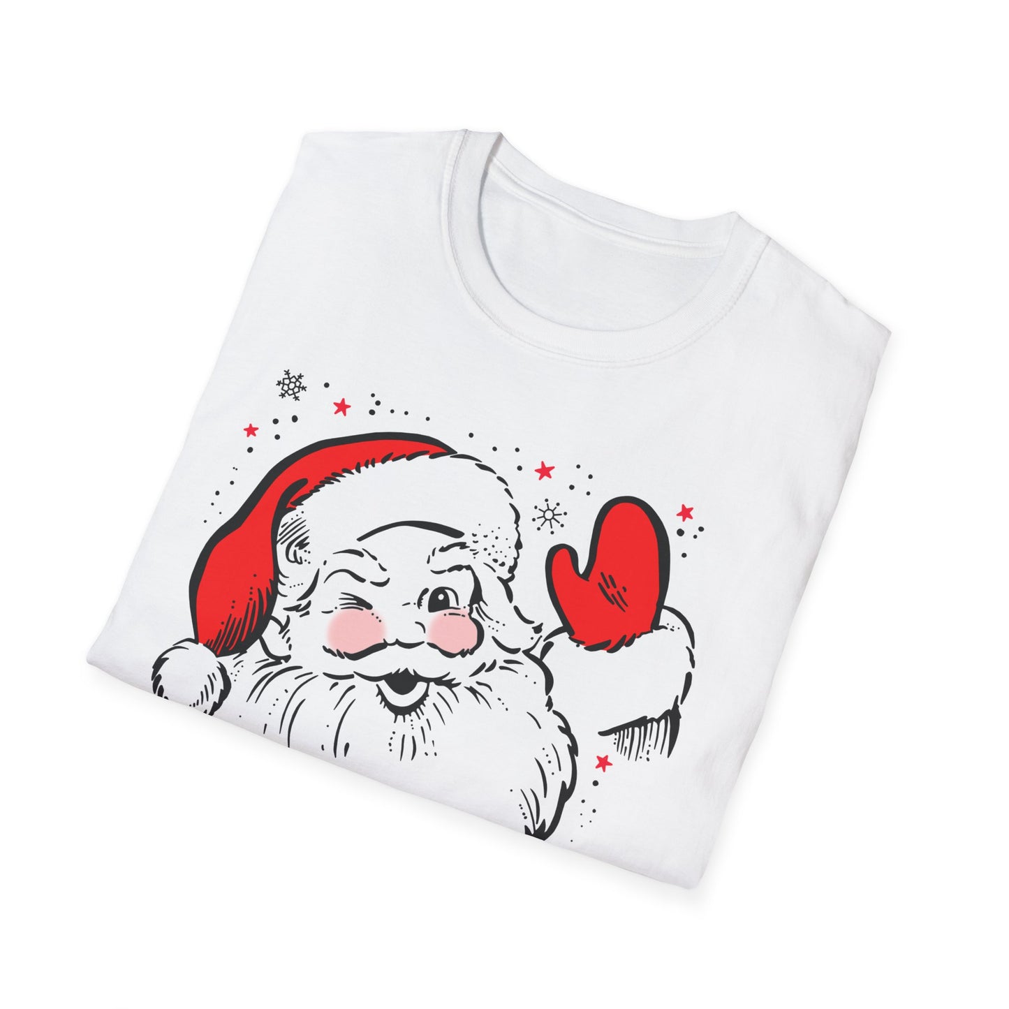 White t-shirt with a printed design of Santa Claus on a white background