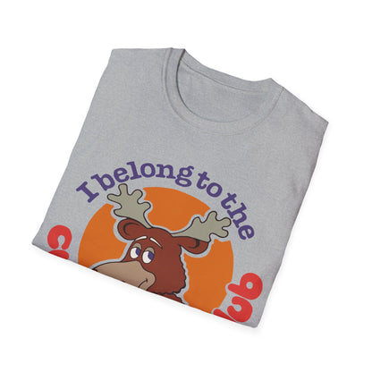 Folded gray t-shirt with a cartoon moose and text design on a white background