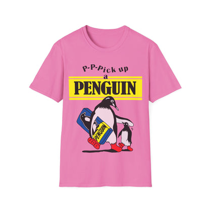 Pink t-shirt with penguin graphic and text on a white background