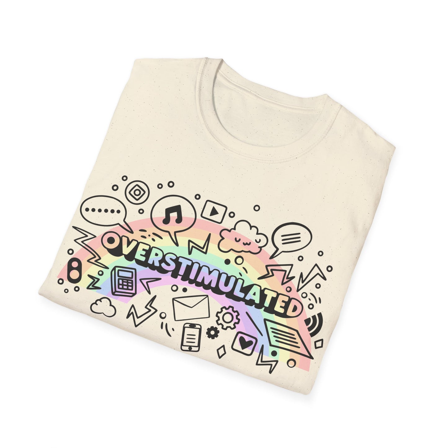 Folded t-shirt with 'OVERSTIMULATED' graphic design on a white background