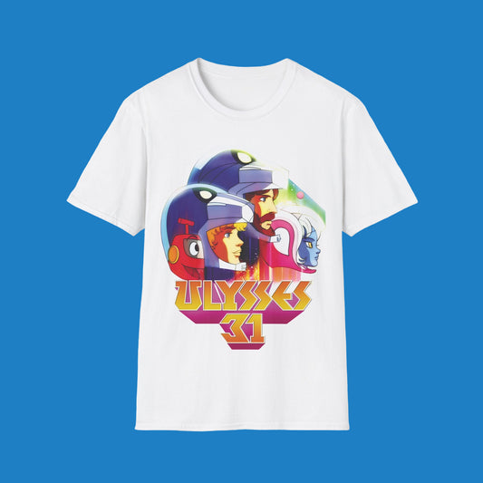 White t-shirt with colorful graphic design featuring helmets and 'ULYSSES 31' text on a white background