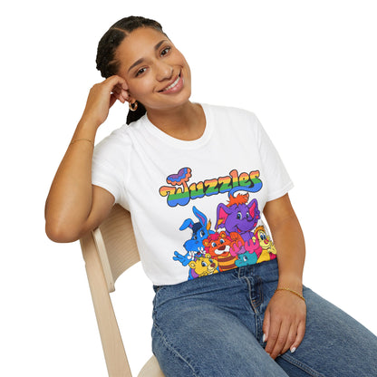 Person wearing a white t-shirt with colorful cartoon characters and text.