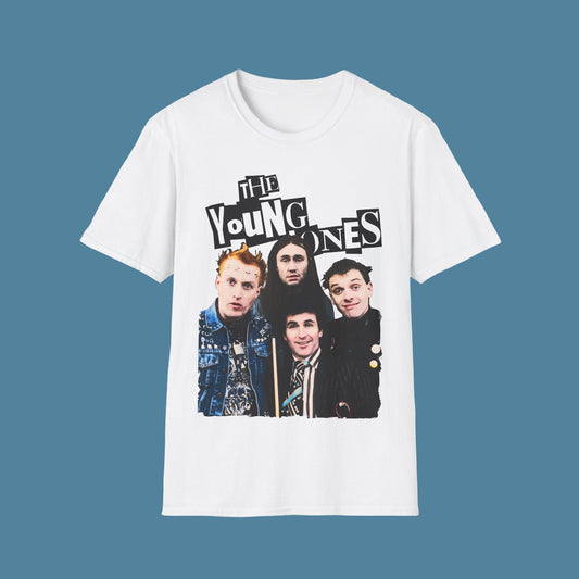White t-shirt with 'The Young Ones' graphic design on a white background