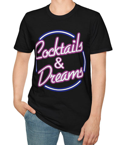 Person wearing a black t-shirt with 'Cocktails & Dreams' text design on a white background