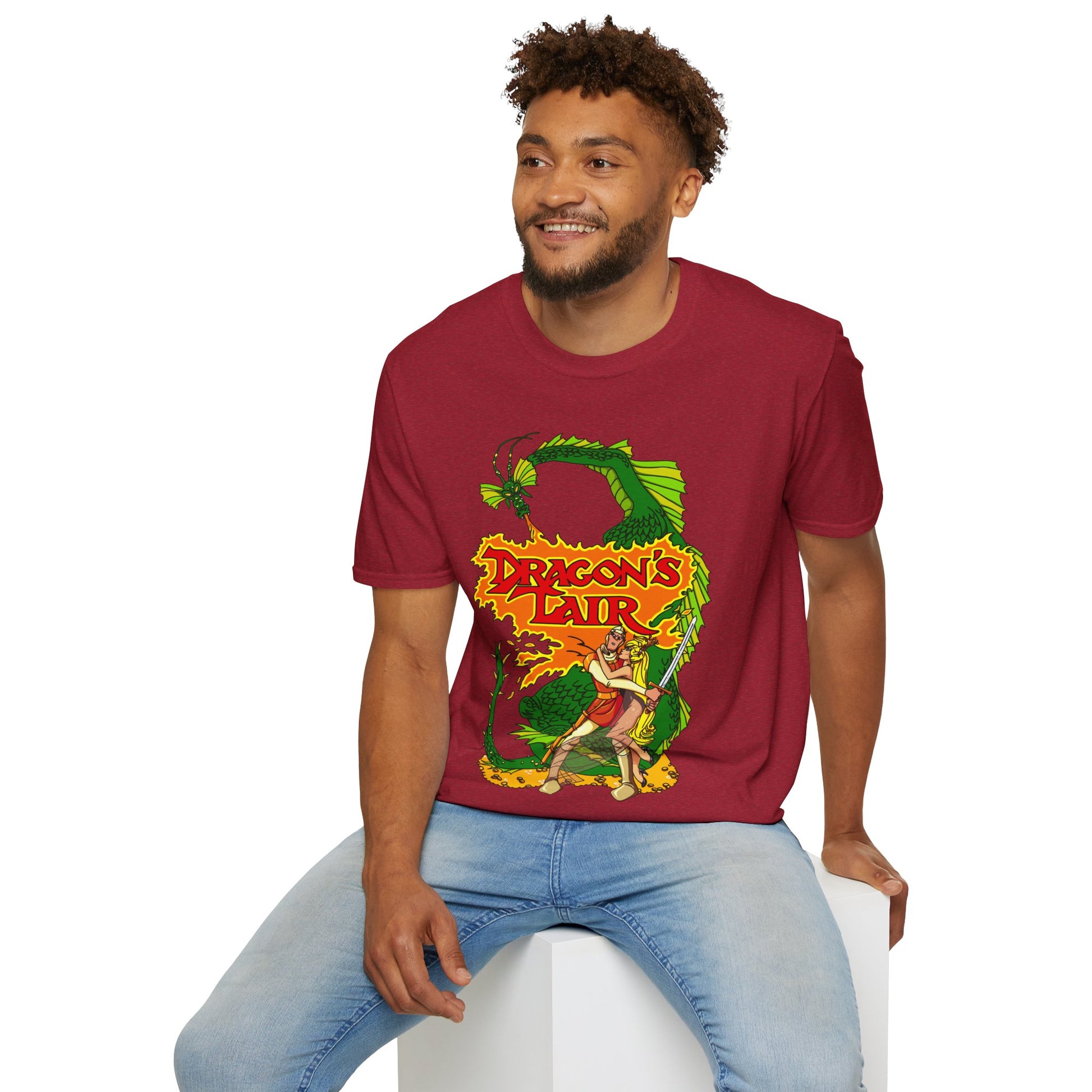 Man wearing a red t-shirt with 'Dragon's Lair' graphic design on a white background