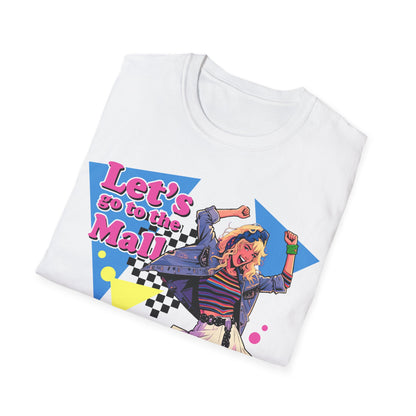 White t-shirt with a colourful Robin Sparkles Lets Go To The Mall 80s style design, inspired by How I Met Your Mother TV Series