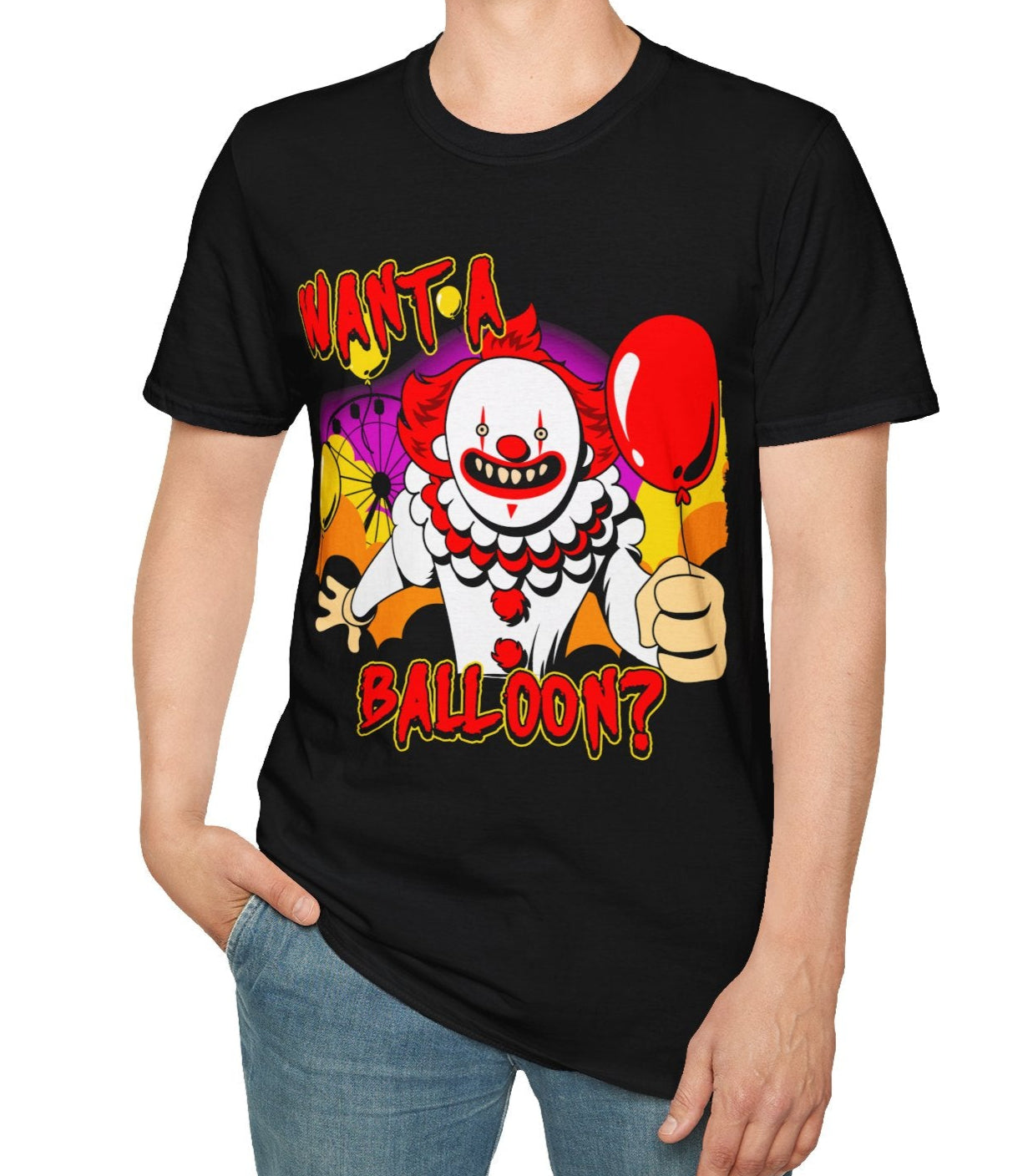 Person wearing a black t-shirt with a creepy clown graphic and Want A Balloon text. 