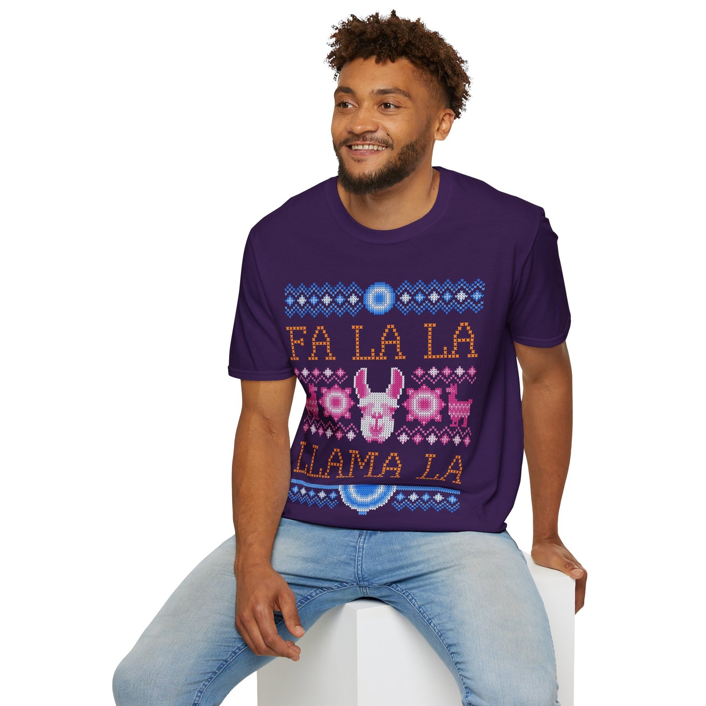 Man wearing a purple t-shirt with 'Fa La La Llama La' design on a white background