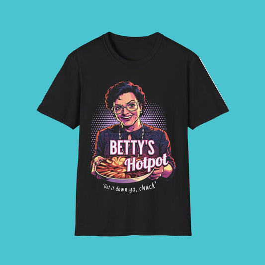 Black t-shirt with a graphic of a woman holding 'Betty's Hotpot' and text on a white background