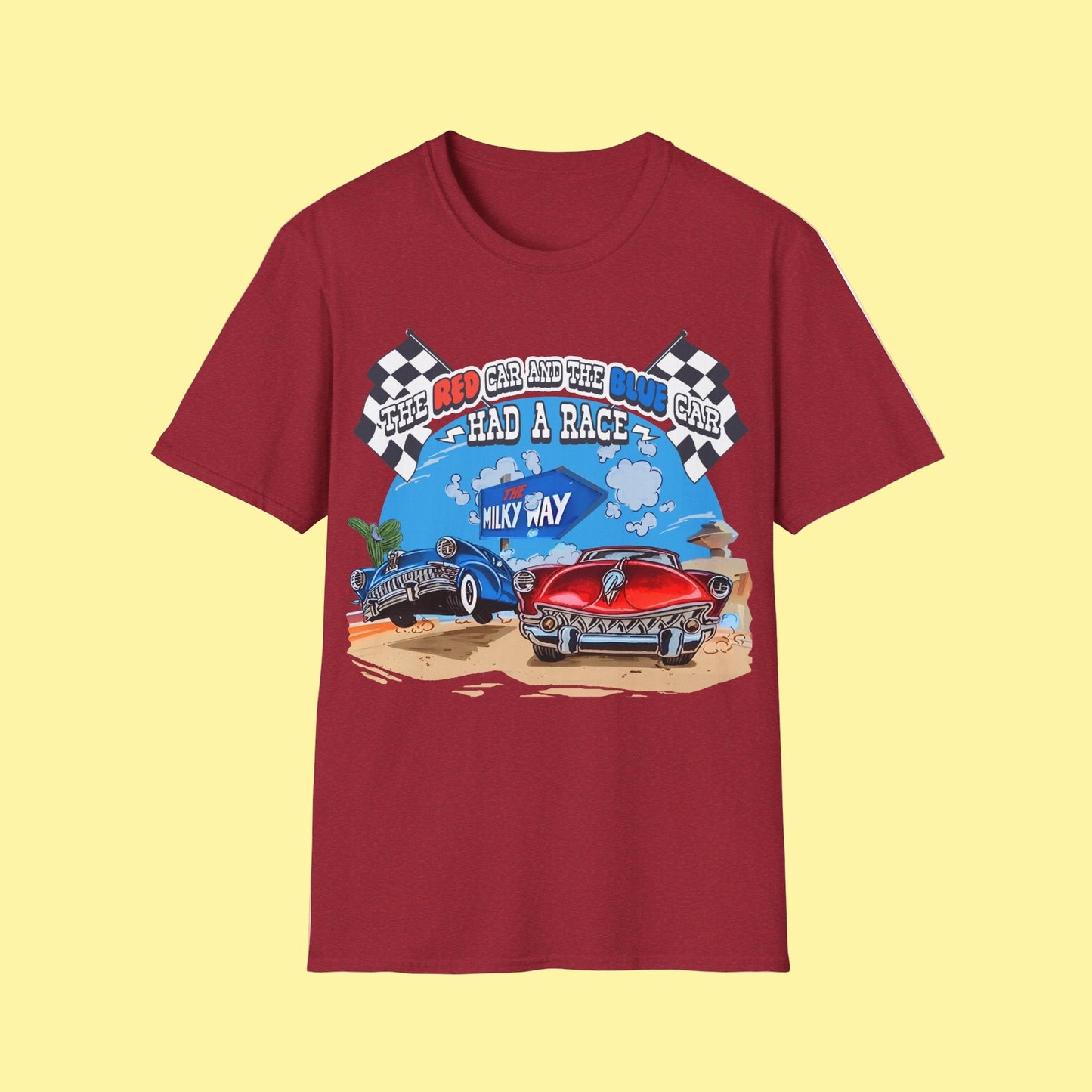 Red t-shirt with a graphic of two cars racing with text The Red Car And The Blue Car Had A Race from an 80s TV advert