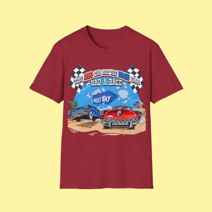 Red t-shirt with a graphic of two cars racing with text The Red Car And The Blue Car Had A Race from an 80s TV advert