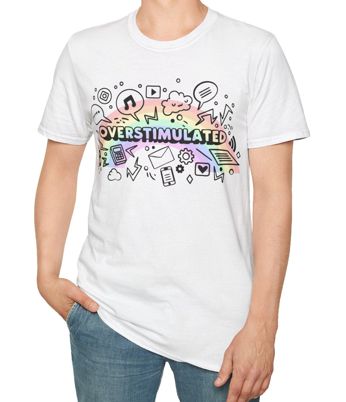 Person wearing a white t-shirt with colorful graphics and text on a white background