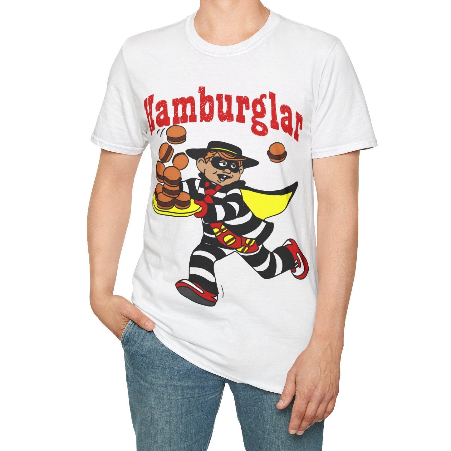Person wearing a white t-shirt with a cartoon character and 'Hamburglar' text on a white background