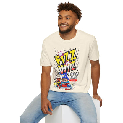 Person wearing a natural t-shirt with Fizz Wiz Popping candy colourful graphic design on a white background