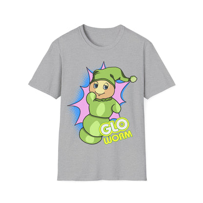 Gray t-shirt with a cartoon green 'glo worm' character on a white background