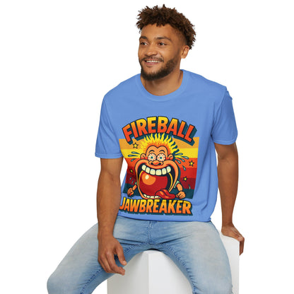 Person wearing a blue t-shirt with a colorful 80s Fireball Jawbreaker graphic design on a white background