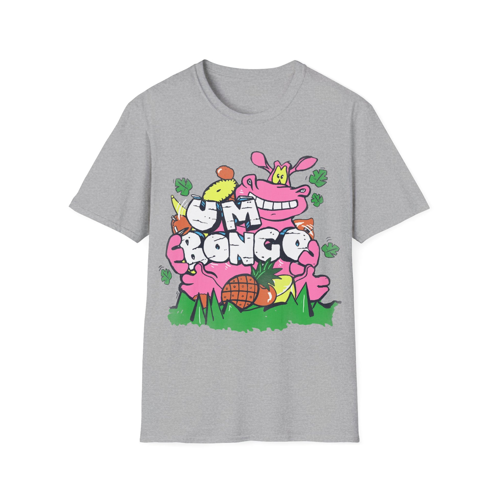 Grey short sleeve official Um Bongo hippo T-shirt colourful 80s tropical juice drink with cartoon hippo and Um bongo logo
