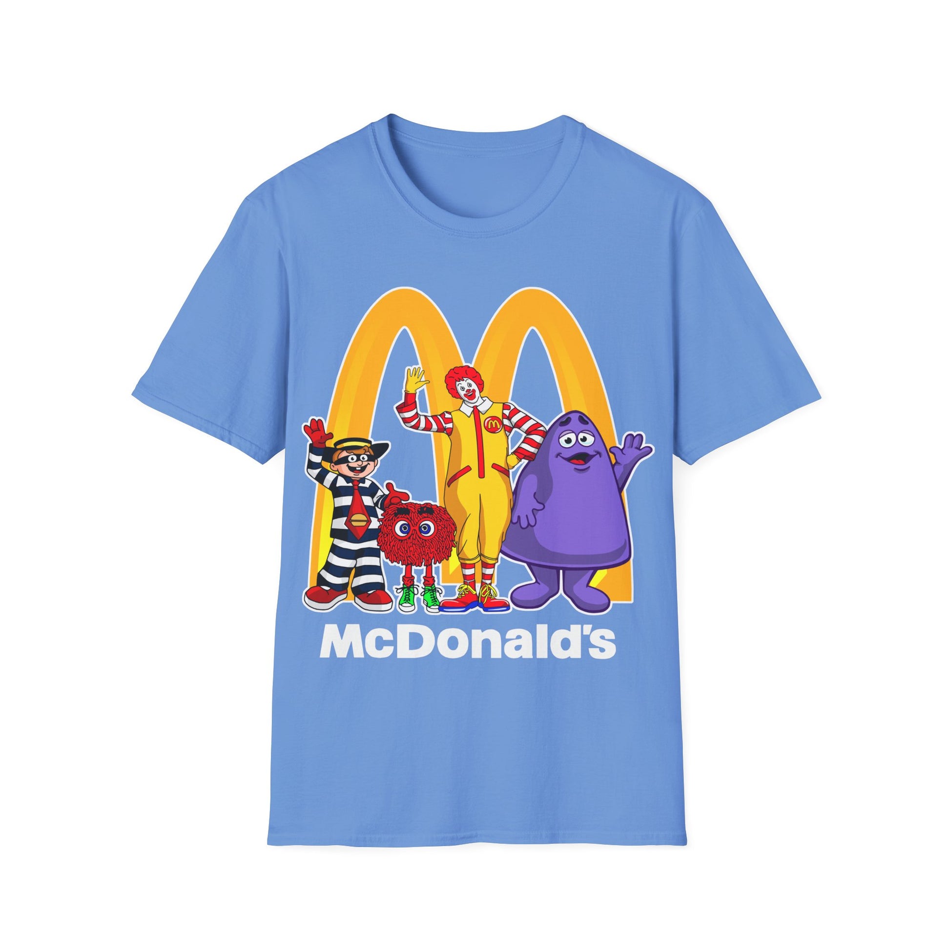 Blue t-shirt with McDonald's logo and characters on a white background