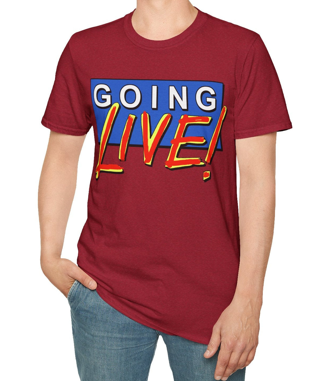 Person wearing a red t-shirt with 'GOING LIVE!' text on a white background