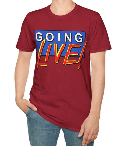 Person wearing a red t-shirt with 'GOING LIVE!' text on a white background