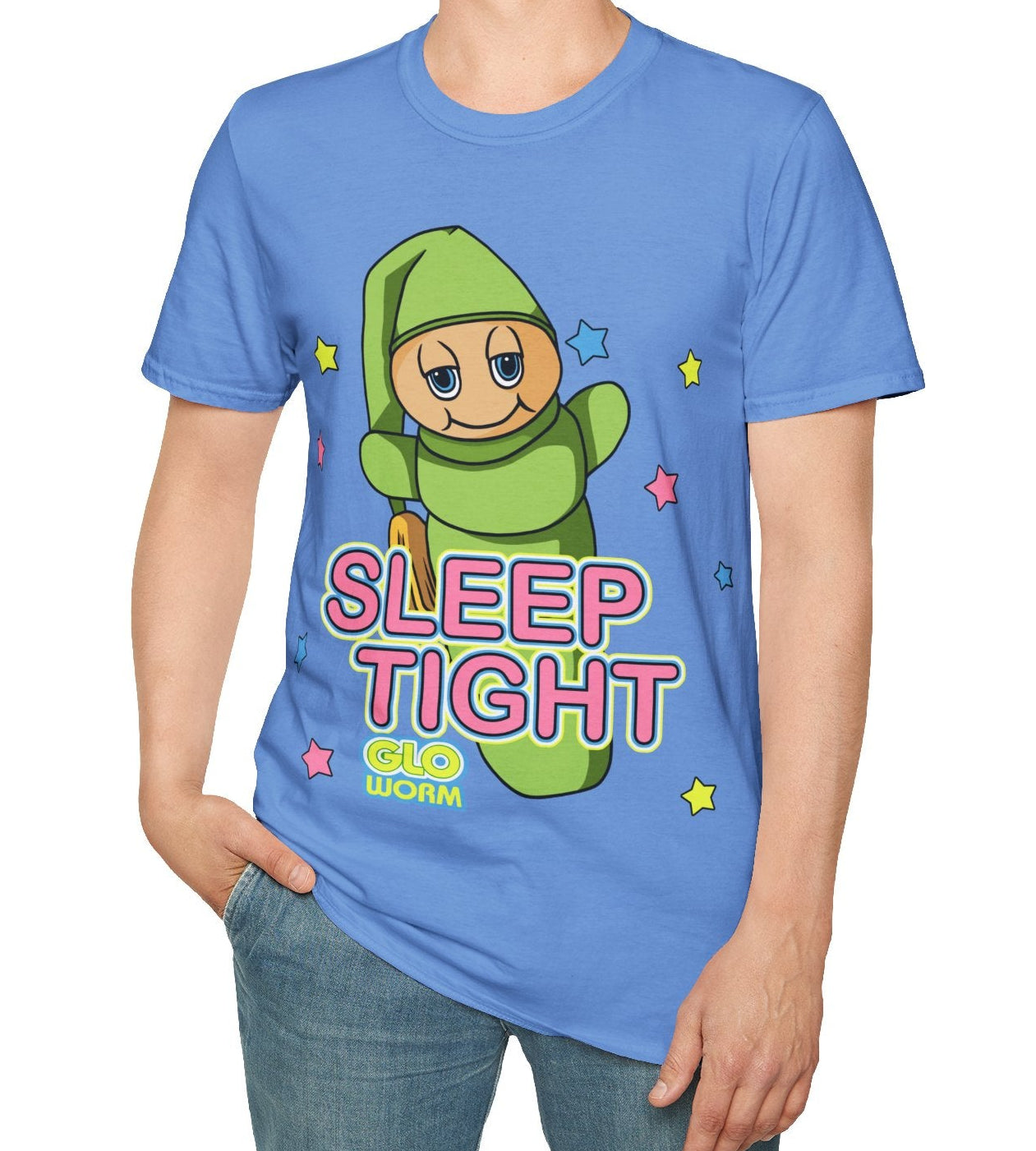 Person wearing a blue t-shirt with a cartoon character and 'Sleep Tight' text on a white background