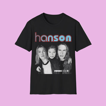 Black t-shirt with 'hanson' text and band members' photo on a white background