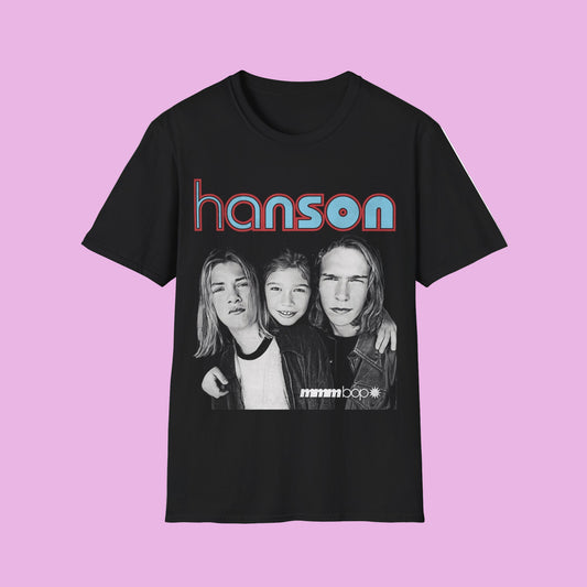 Black t-shirt with 'hanson' text and band members' photo on a white background