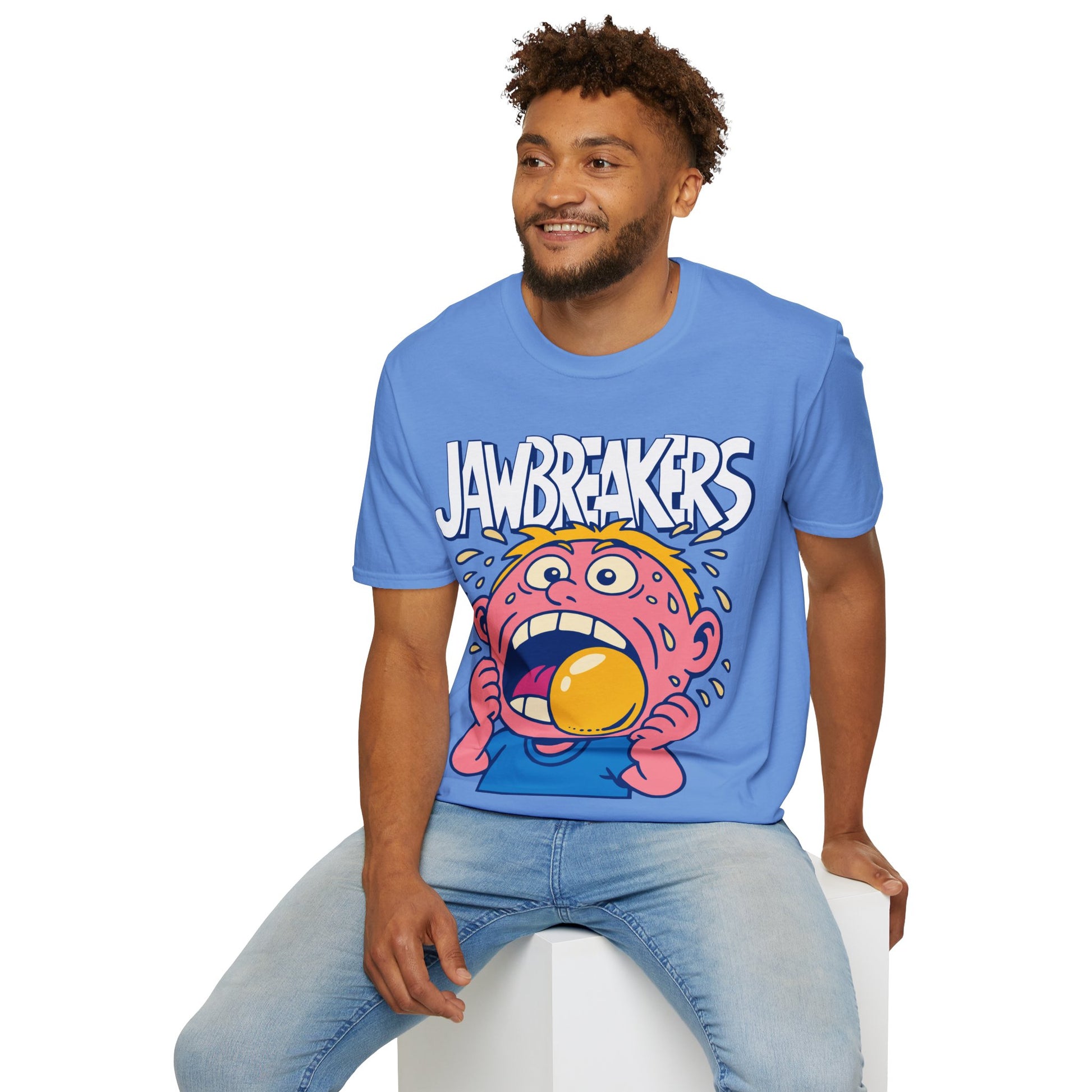 Man wearing a blue 'Jawbreakers' t-shirt with a cartoon character on a white background