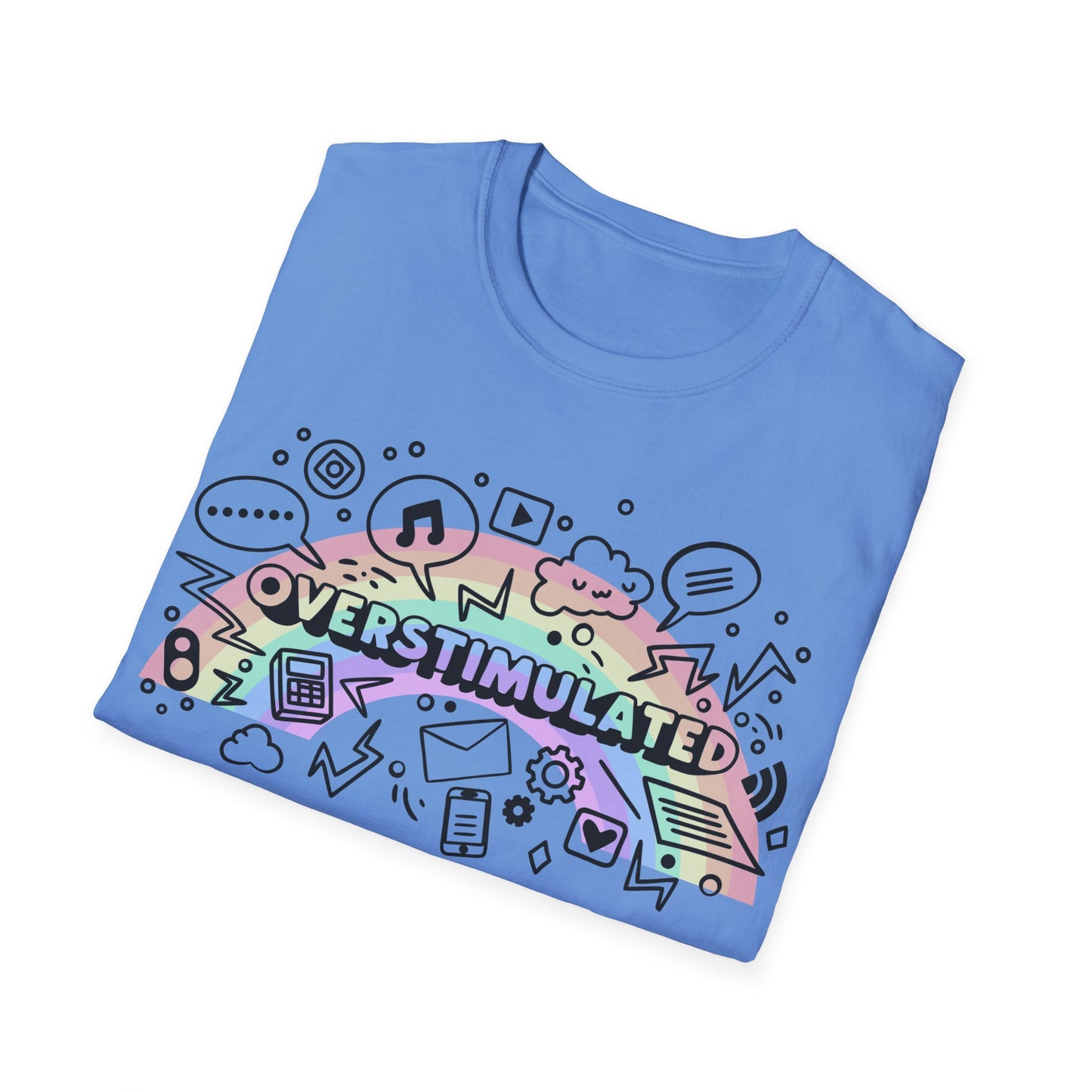 Folded blue t-shirt with colorful graphic design and 'OVERSTIMULATED' text on a white background