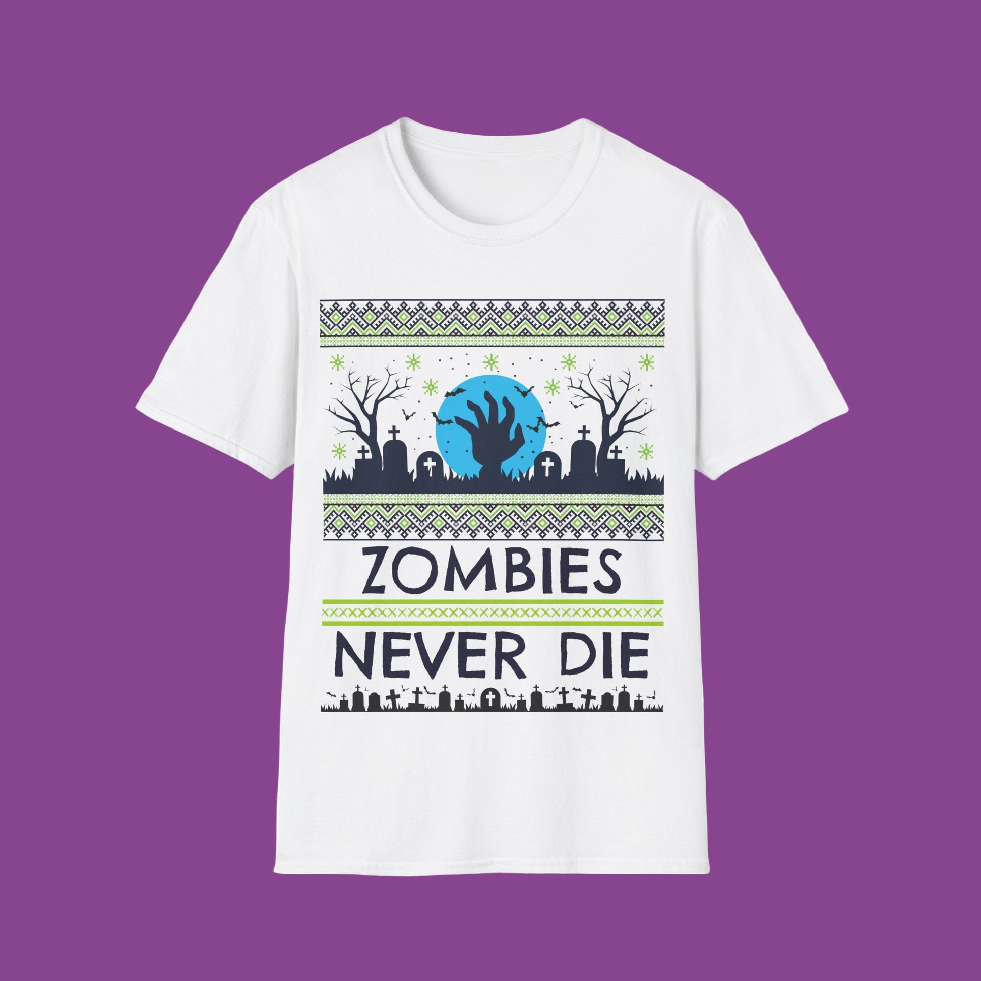 White t-shirt with a green and blue graphic design featuring a zombie theme and text 'Zombies Never Die' on a white background.