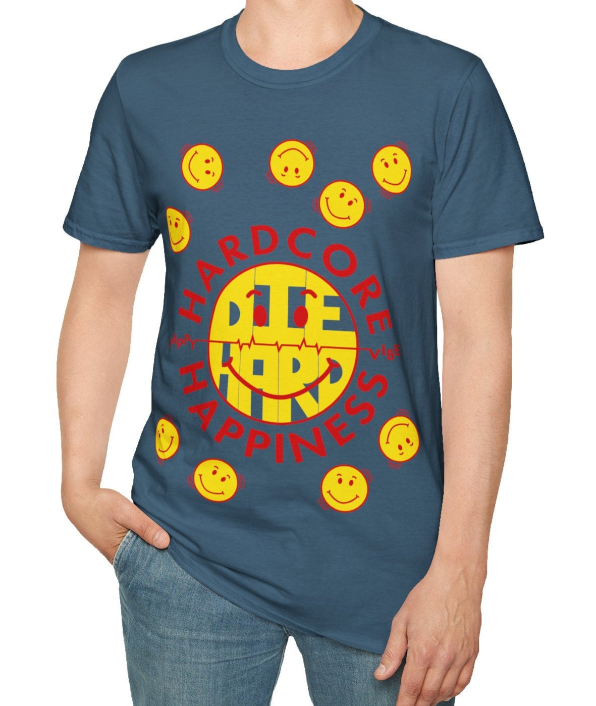 Person wearing a blue t-shirt with a smiley face design and text on a white background