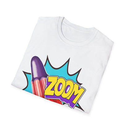 White t-shirt with colorful 'Zoom' graphic on a white background