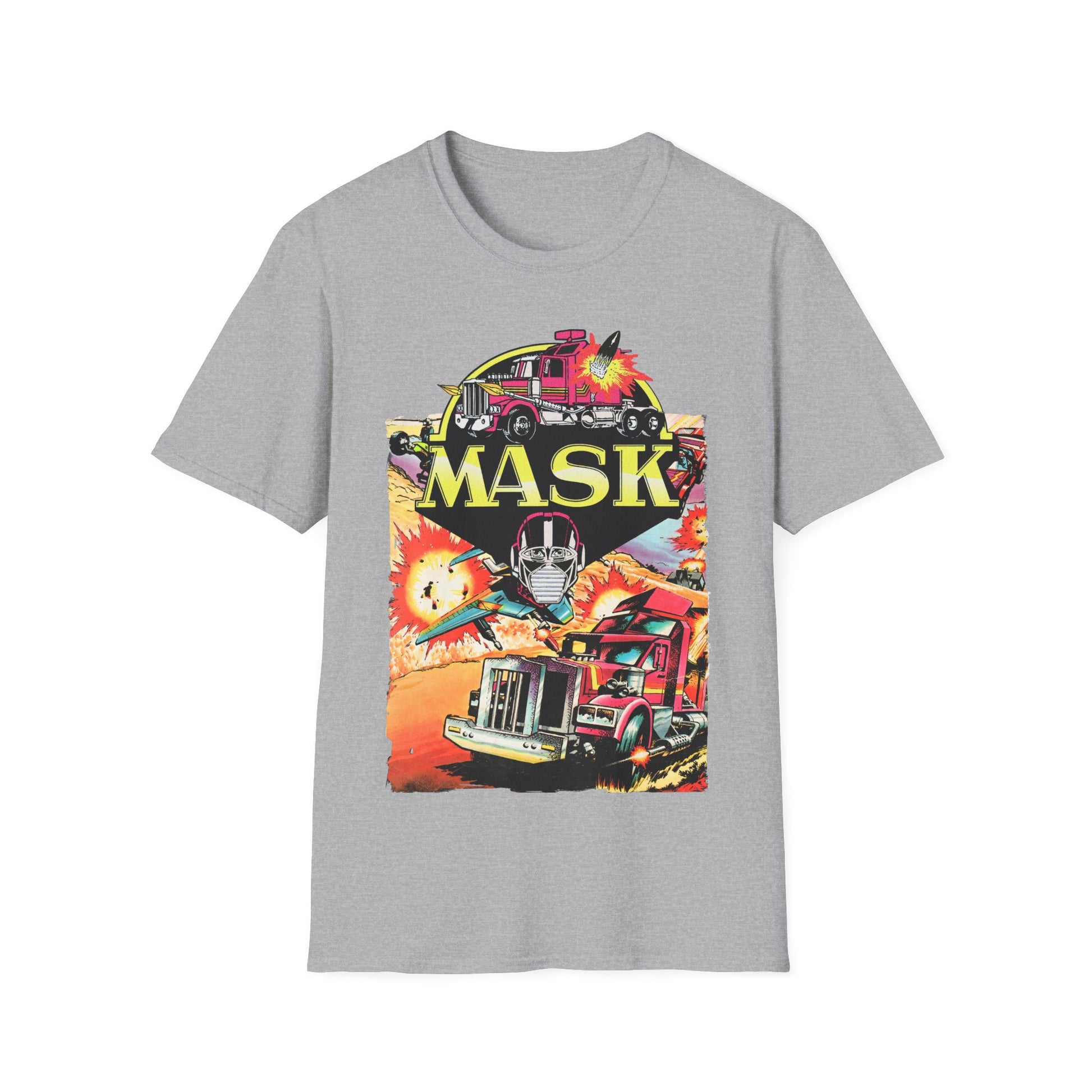 Gray t-shirt with 'MASK' graphic design featuring a character and vehicle on a white background