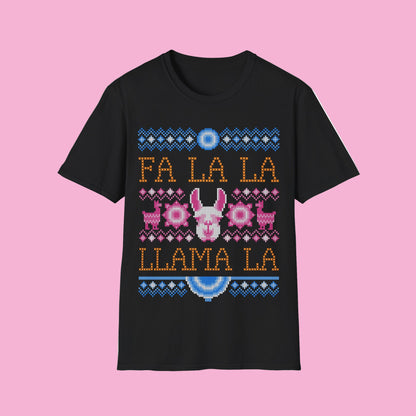 Festive Black t-shirt with colorful 'Fa La La Llama La' design on a white background