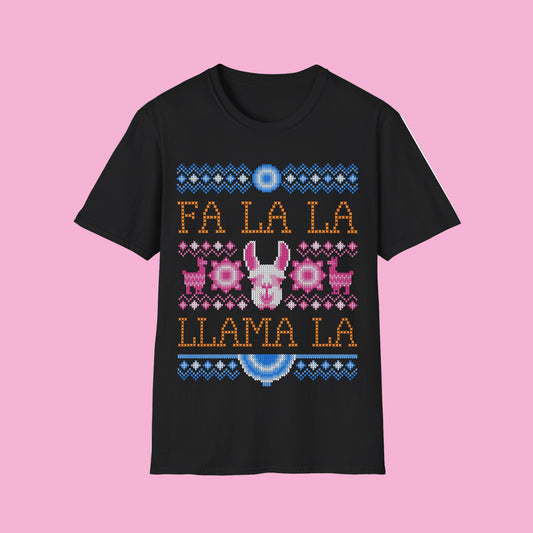 Festive Black t-shirt with colorful 'Fa La La Llama La' design on a white background