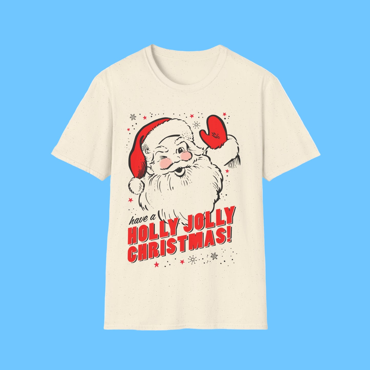 Beige t-shirt with Santa Claus graphic and 'Have a Holly Jolly Christmas!' text on a white background