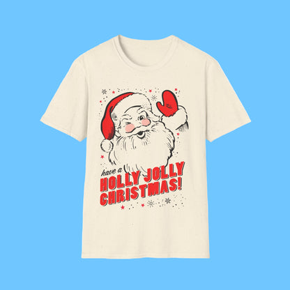 Beige t-shirt with Santa Claus graphic and 'Have a Holly Jolly Christmas!' text on a white background