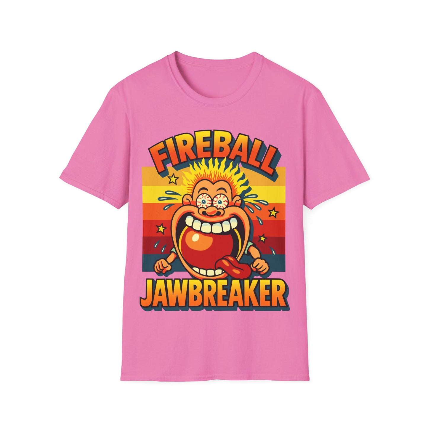 Pink t-shirt with Fireball Jawbreaker graphic on a white background