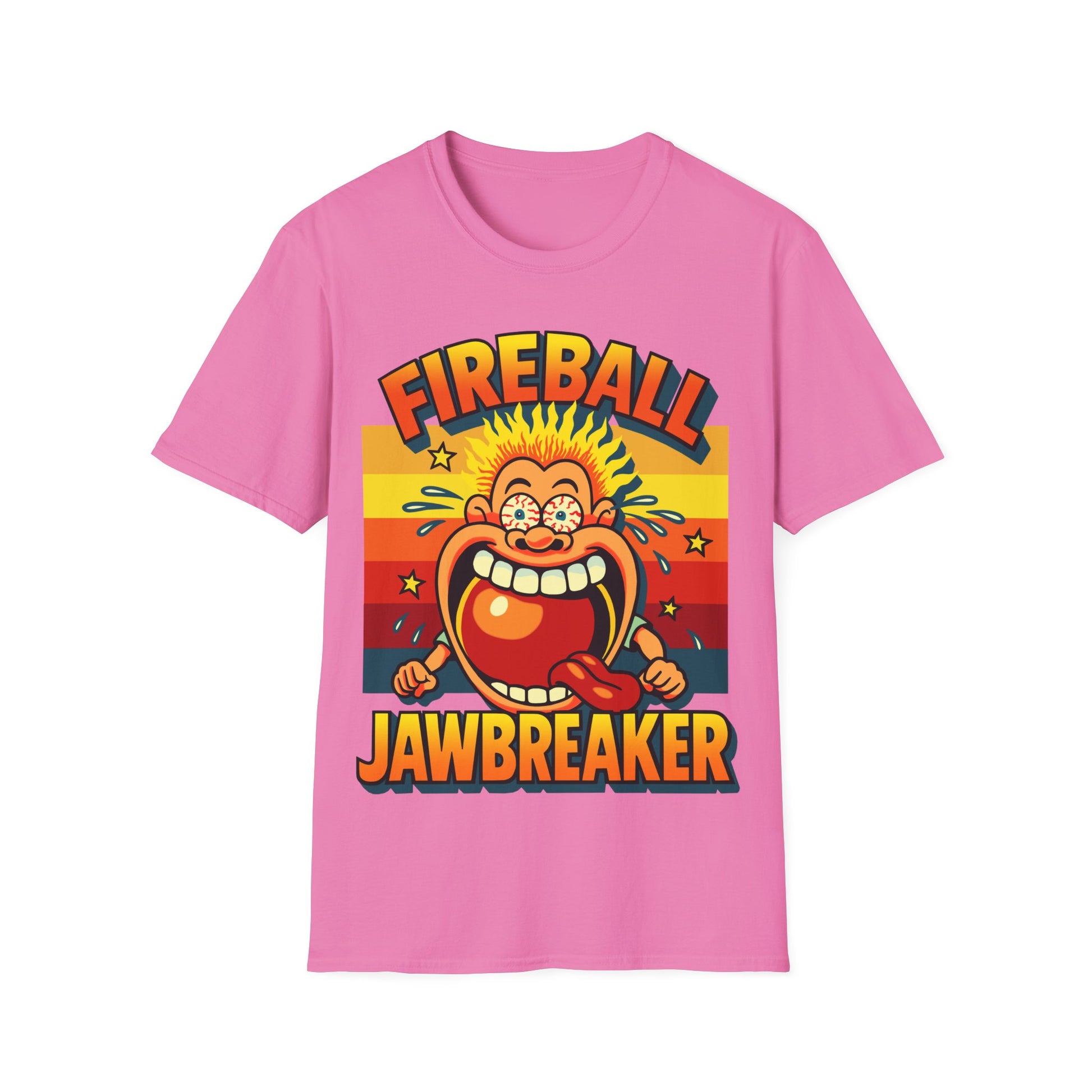 Pink t-shirt with Fireball Jawbreaker graphic on a white background