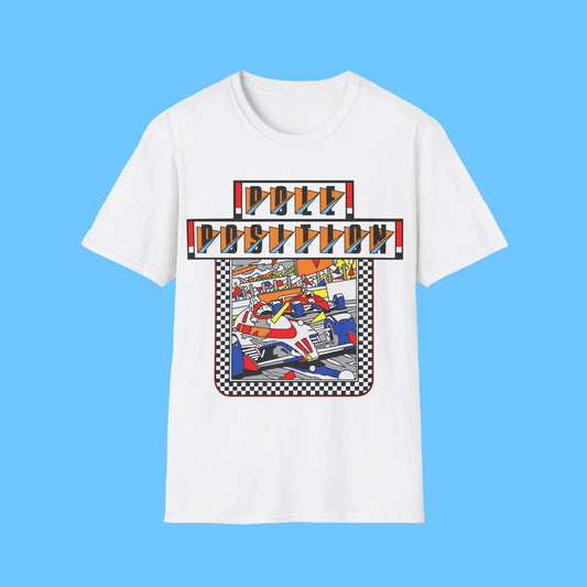 White t-shirt with a colourful Pole Position gaming graphic design 