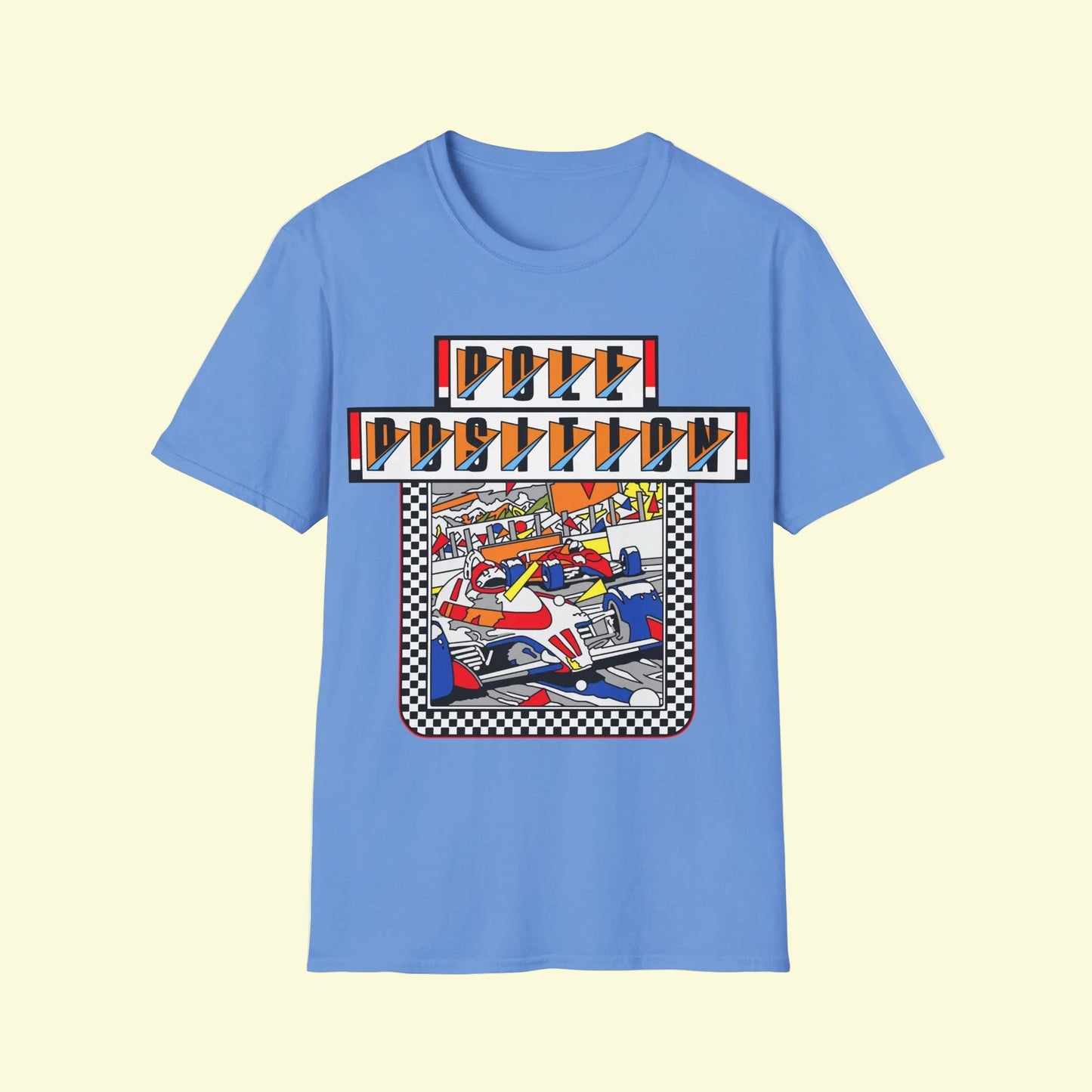 Blue t-shirt with a colourful Pole Position gaming graphic design 
